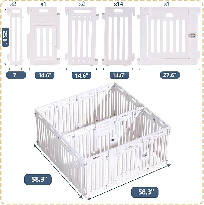 2 Room Dog Playpen with Door,DIY Shape Combination Puppy Pen,16-Panel+2 Link Piece+Large Door+Small Door,25.5" H Dog Fence,Non-Slip&Secure Pet Gate,Easy to Assemble (Two Rooms)