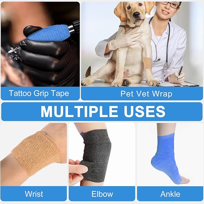 24 Pack Self Adherent Cohesive Wrap Bandages, 2” x 5 Yards Blue Athletic Tape, Medical Tape, Vet Wrap, Elastic Grip Tape for Sports Wrist Ankle Pet Ankle Swelling Sprains