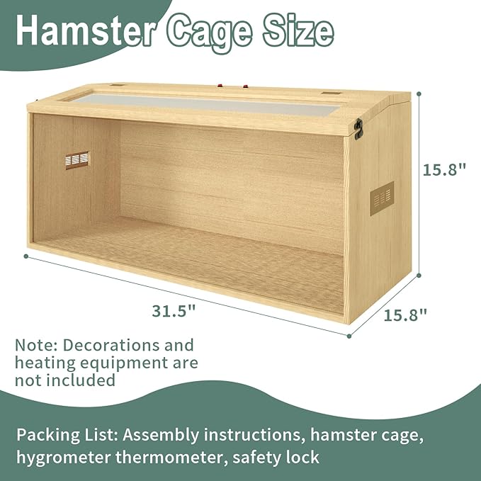 32" Hamster Habitat Enclosure, Top Opening Lockable Roof Door, Gerbil Dwarf Hamster Cage with Hygrometer, Chewproof Syrian Hamster Cage for Mice, Small Animal, (Wooden, 32" L x 16" W x 16" H)