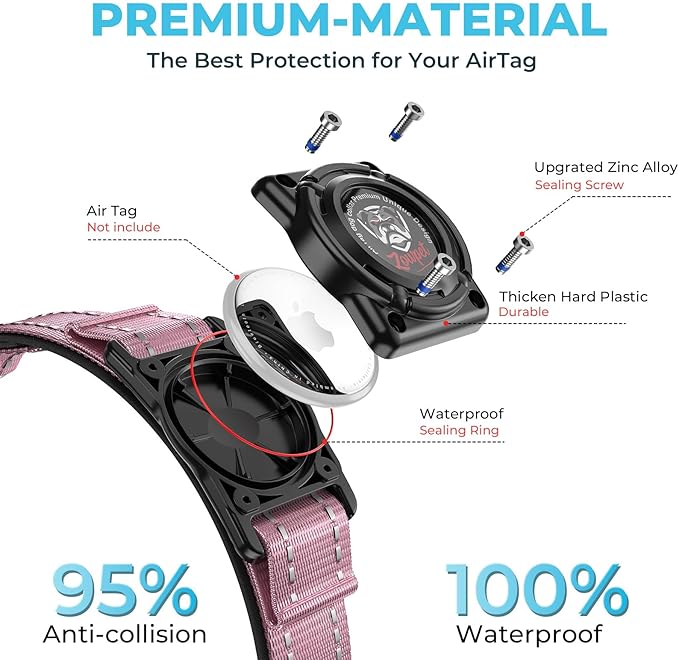 2025 Upgrade Airtag Dog Collar, Reflective Dog Collar with Airtag Holder, IP68 Waterproof| Metal Buckle| Ultra-Durable| Comfortable Padded, GPS Dog Collars for Medium Large Dogs (Pink,L)