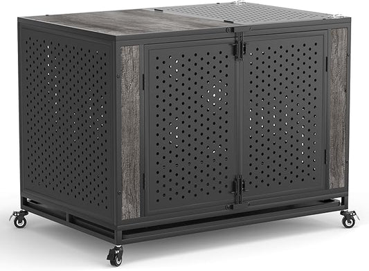 42" Heavy Duty Dog Crate Furniture for Medium and Large Dogs, Enclosed Design with 0.5 inch Holes, Indestructible Metal Kennel for High Anxiety Dogs, Chew Proof Indoor Pet House Cage, Gray