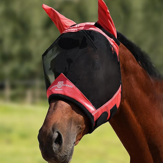 Harrison Howard Pro Luminous Horse Half Face Fly Mask Large Eye Space with Ears UV Protection for Horse Coral Orange L