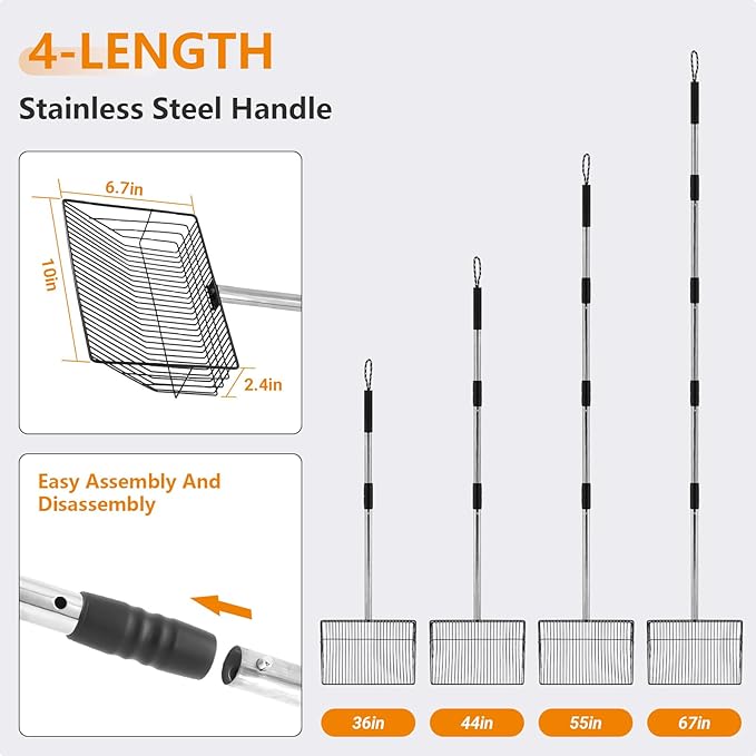 10inch Large Chicken Poop Scooper,36 to 67" Adjustable Long Chicken Coop Litter Metal Scoop with Stainless Steel Handle,5-in-1 Detachable Poop Shovel for Sand,Pet,Chicken,Cat Cleaning Tools.