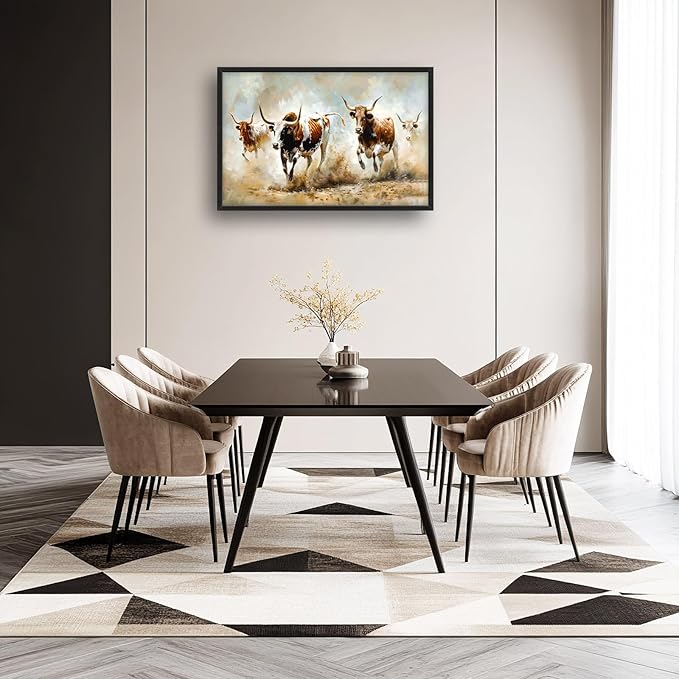 Highland Cow Large Wall Art Wild Animal Running Pictures Farmhouse Rustic Longhorn Wall Decor Canvas Print Painting Artwork for Bathroom Living Room Bedroom 36L" x 24W"