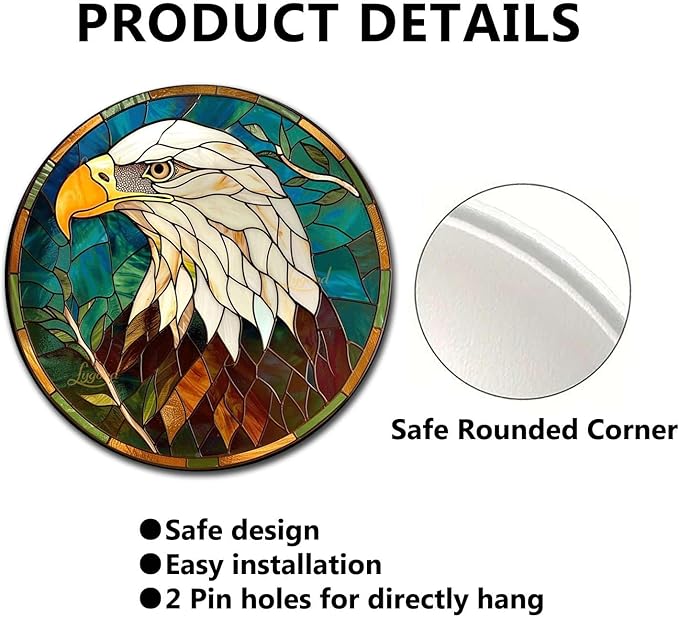 Lygond Metal Sign Tin Sign Circular Stained Glass Bald Eagle Boho Decorations for Home for Bar 8×8 Inches