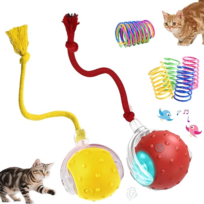 2-Pack Interactive Cat Toys Ball - 2025 New Gen with 360° Auto-Rotation Smart Obstacle Avoidance,Includes 8 Cat Spiral Spring,Ideal Kitten Toys for Bored Indoor Cats(Red＆Yellow, Cat Toy Ball)