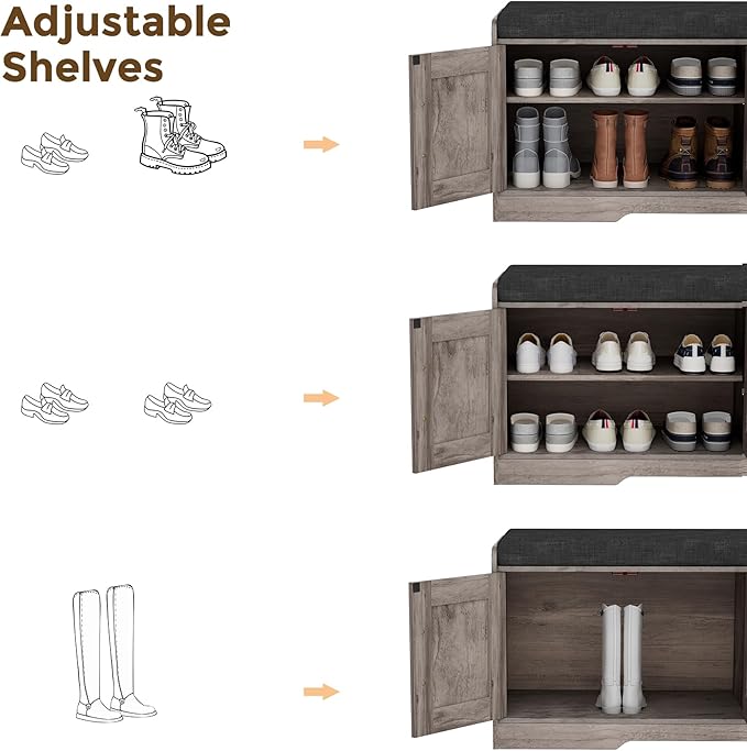 2-Tier Storage Bench, Shoe Bench with Thickened Padded Seat Cushion, Entryway Bench with 4 Doors, Adjustable Shelf, 13.8" D x 45.3" W x 18.5" H, for Entryway, Living Room, Bedroom, Greige