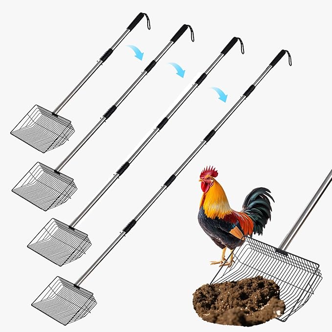 10inch Large Metal Chicken Poop Scooper,32 to 67" Adjustable Long Chicken Coop Litter Scoop,Heavy Duty Sifting Shovel for Chicken Coop & Pet Waste Cleaning
