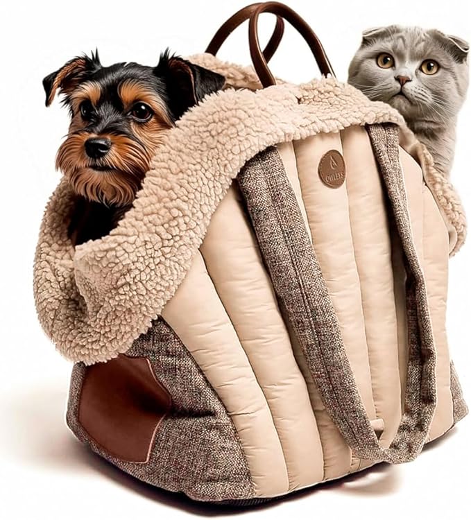 Dog Travel Bag | Cat Carrier | Small Pet Taxi | Lightweight Soft-Sided Tote, Car-Seat Compatible, Washable, 6–20 lb | Vegan Materials | Brown