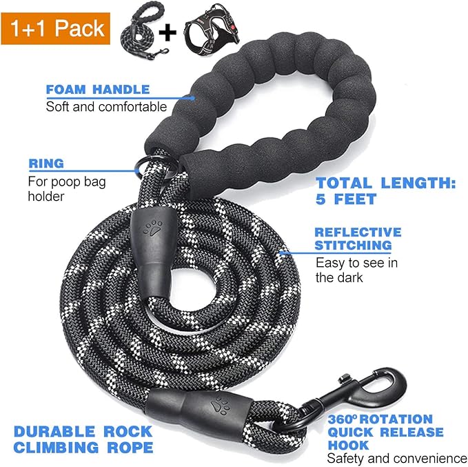 No Pull Dog Harness Adjustable Reflective Oxford Easy Control Medium Large Dog Harness with A Free Heavy Duty 5ft Dog Leash (M (Chest: 22"-26"), Black Harness+Leash)