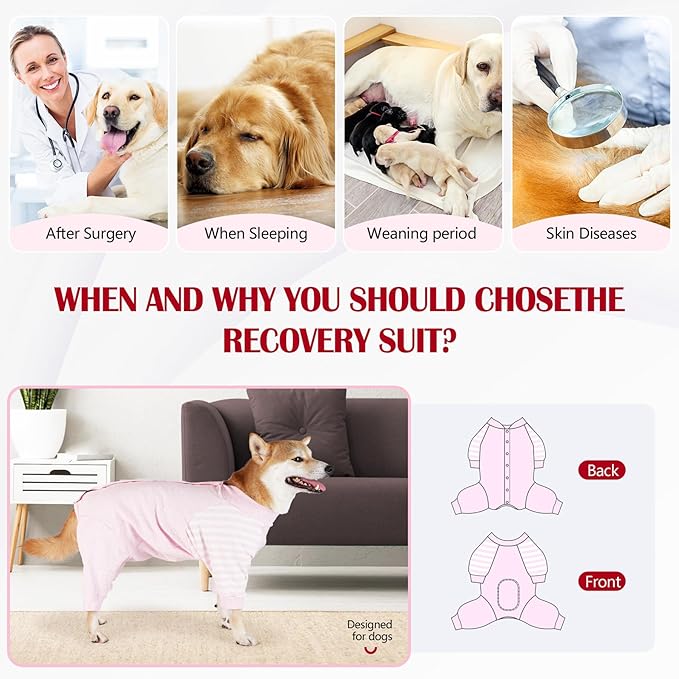 Dog Recovery Suit, Abdominal Wound After Surgery Wear, Anti Licking Bodysuit with Snaps, E-Collar & Cone Alternatives, Striped Dog Spay Surgical Pajamas Prevent Shedding(Medium, Pink)