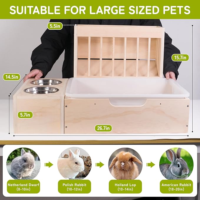 3 in 1 Extra Large Rabbit Hay Feeder with Litter Box, Wooden Bunny Toilet, for Large and Medium-Sized Dwarf Rabbit, Guinea Pig, Chinchillas, Hamster, Ferret, Other Animals