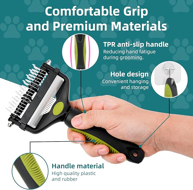 3-IN-1 Pet Grooming Tool - Undercoat Rake, Dematting Comb & Deshedding Brush for Cats & Dogs - Removes Mats, Tangles & Loose Fur, Reduces Shedding & Prevents Hair Mess (Green)