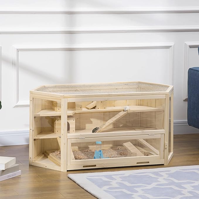 PawHut Wooden Large Hamster Cage Small Animal Exercise Play House 3 Tier with Tray, Seesaws, Water Bottle, Activity Center, Natural