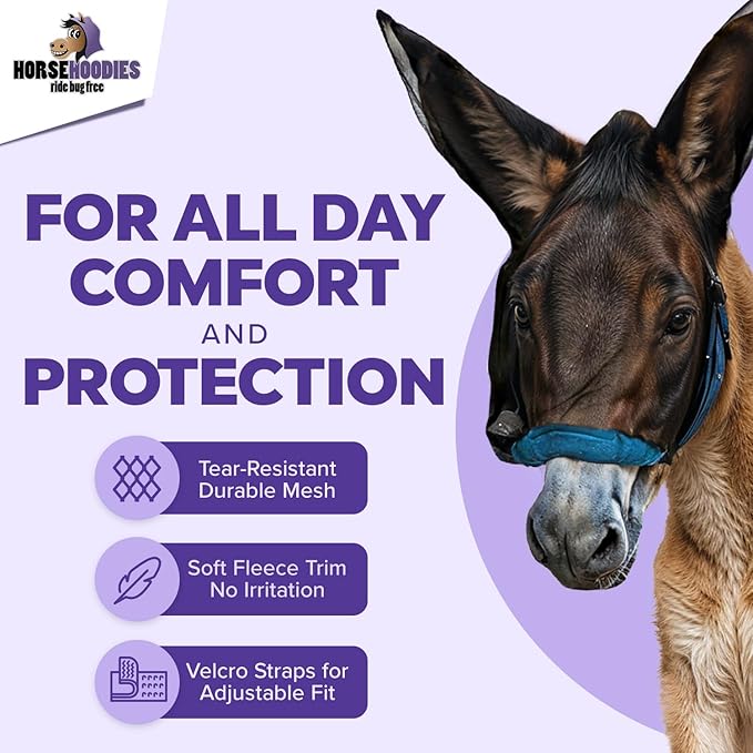 Donkey Fly Mask with Long Ears (Blue) Half Hoodie for Standard Donkey, Made in USA - Mule Fly Mask with Ears Protection from Insects and Bugs, Face Cover Soft Mesh Fabric with Adjustable Fastener