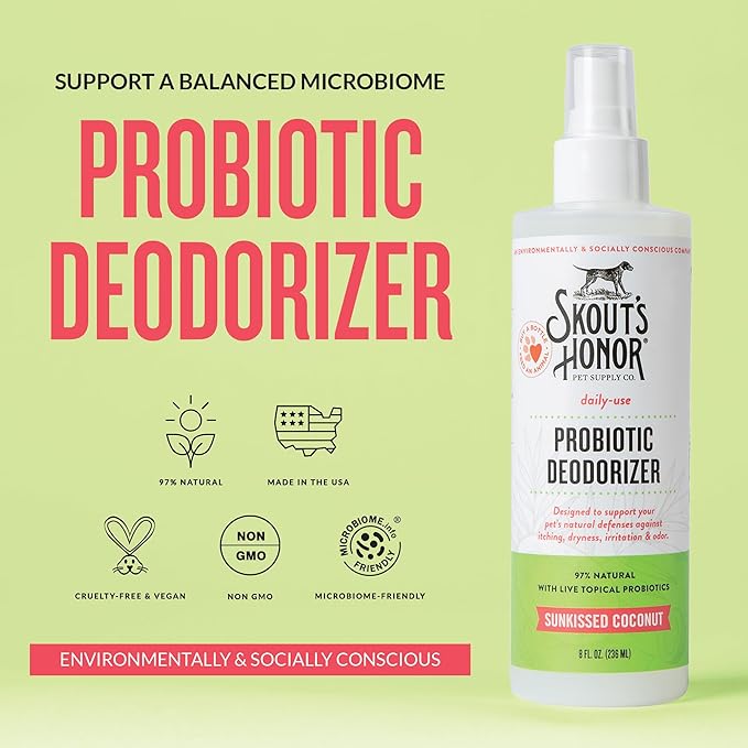 SKOUT'S HONOR Probiotic Pet Deodorizer Spray- Hydrating Daily-Use with Avocado Oil & Omega-3s, Microbiome Friendly Certiified, Paraben & Sulfate-Free, 97% Natural, 8oz, Sunkissed Coconut, 2-Pack