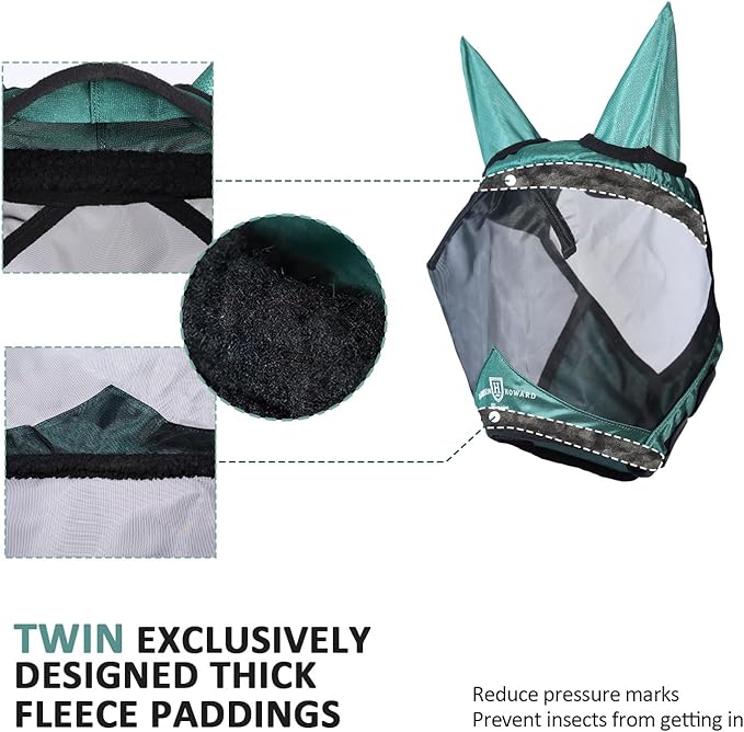 Harrison Howard Pro Luminous Horse Half Face Fly Mask Large Eye Space with Ears UV Protection for Horse Hunter Green S