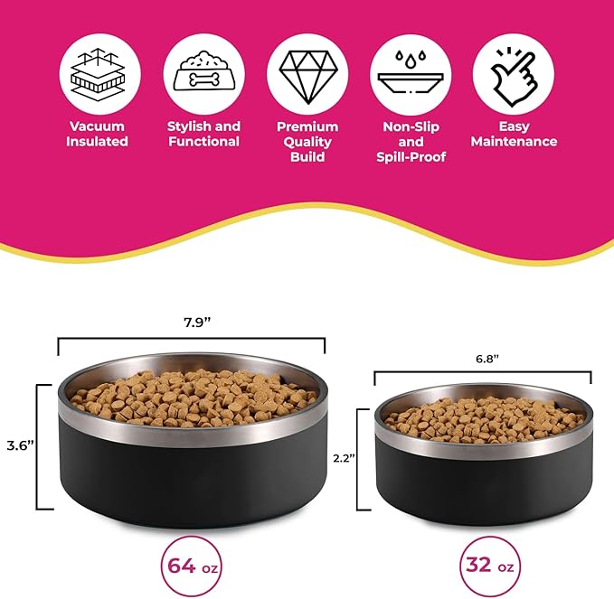 Black Dog Bowl, Double Wall Stainless Steel Pet Bowl, Vacuum Insulated Pet Feeder, Non-Skid Pet Bowl, 32 oz