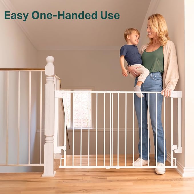 Cumbor 29.2-43" No Bottom Bar Baby Gate for Stairs, 2-in-1 Hardware Mounted Dog Gate Indoor, Auto Close Pet Gate for Doorways with Large Walk Thru Door, Wide Child-Proof Safety Gates for Kids (White)