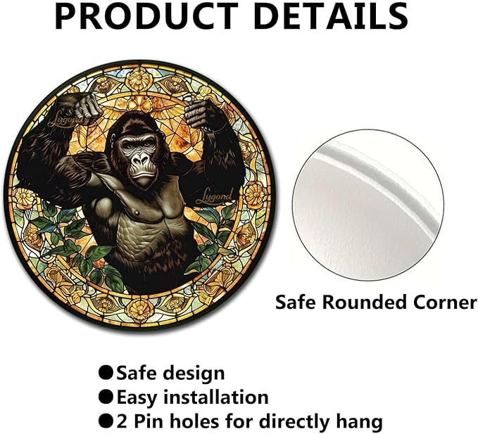 Lygond Metal Sign Tin Sign Circular Stained Glass Gorilla Sign For Garden For Pet 8×8 Inches