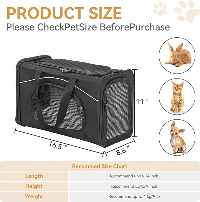 ‌Petsfit Airline Approved Pet Carrier for Small Cats, 16.5x8.6x11 TSA Approved Carrier, with Removable Dual-Sided Padding (2-Way Placement) - Fits Under Most Airplane Seats, Escape Proof (Black)