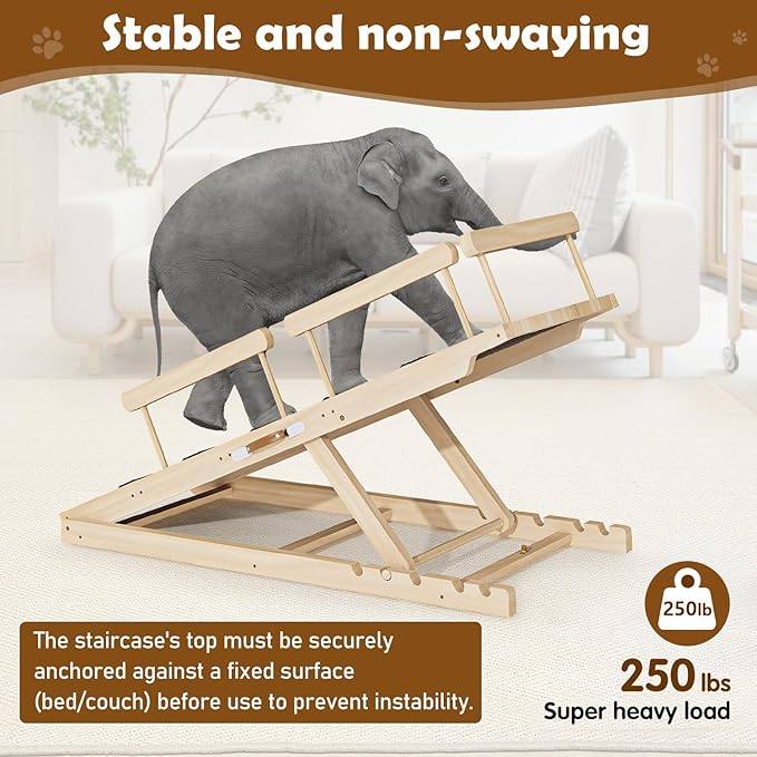 Dog Ramp for Couch, Bed or Car, Wooden 55" Long Pet Stairs for Small & Large Old Dogs & Cats, Hold up to 250lb, 6 Adjustable Height from 19.68" to 27.55" Portable Doggie Steps, Excellent Traction