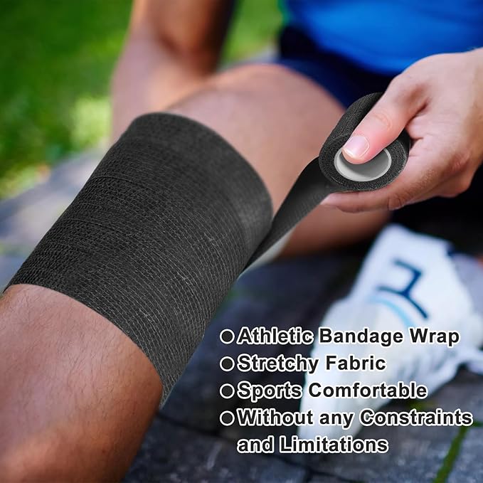 24 Pack Self Adhesive Bandage Wrap, 4” x 5 Yards Cohesive Medical Tape Elastic Grip Tape Black Sports Tape Athletic for Ankle, Wrist Sprains, Pet First Aid (Black, 4 Inch)