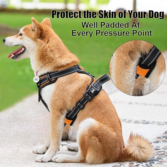 PoyPet No Pull Dog Harness, Reflective Comfortable Vest Harness with Front & Back 2 Leash Attachments and Easy Control Handle Adjustable Soft Padded Pet Vest for Small to Large Dogs (Orange,M)