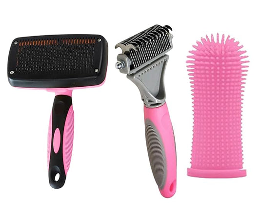 3-in 1 Dog & Cat Grooming Supplies- Self-cleaning Slicker Brush, Deshedding Rake Comb, And Finger Toothbrush For Dogs & Cats | Perfect For Pet Grooming Kit, Dematting And Dental Tool (pink)