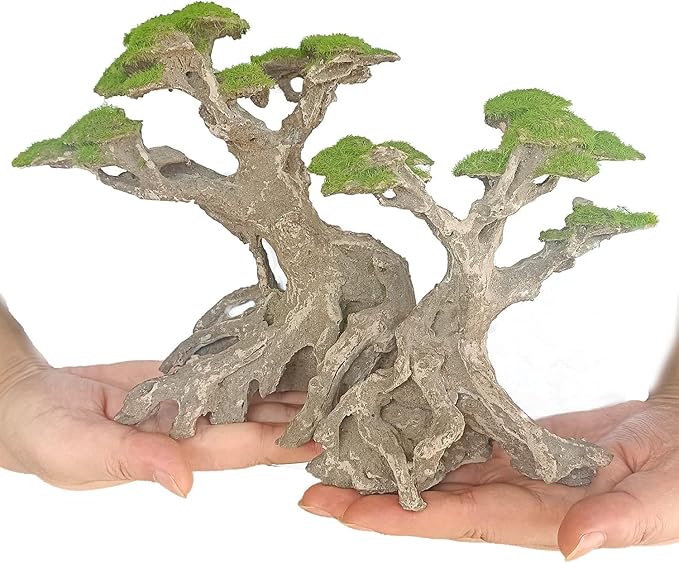 Novelsite Fish Tank Decor- Bonsai Trees with Faux Moss- Aquarium Rocks Aquascaping- Made of Sandstone, Goldfish Betta Fish Tank Decorations Hides Accessories