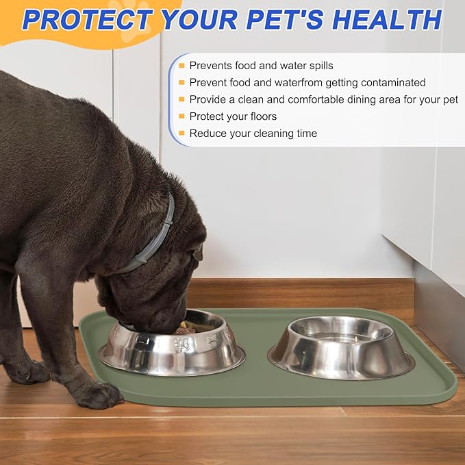 Silicone Pet Feeding Mat with Raised Edge for Food and Water, Dog Bowl Mats, Cat Bowls Placemat with High Lip for Floor Waterproof, Rubber Tray for Cats and Dogs 22 x 14 x0.8 Light Olive Green