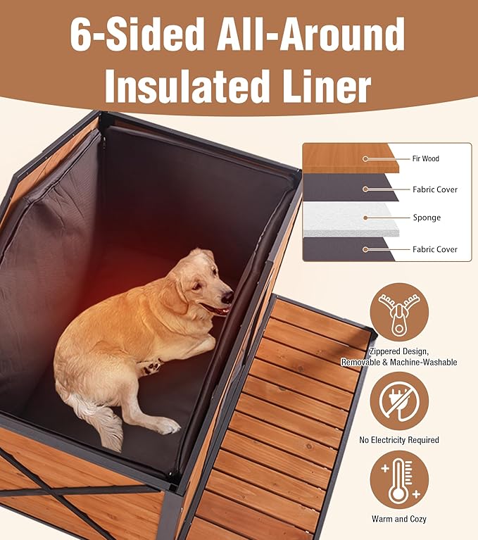 Extra Large Dog House Outdoor for Large Dogs, Insulated Dog House with Metal Frame, Waterproof Dog Shelter with Asphalt Roof, PVC Curtain & Multifunctional Patio, Indoor Outdoor Use