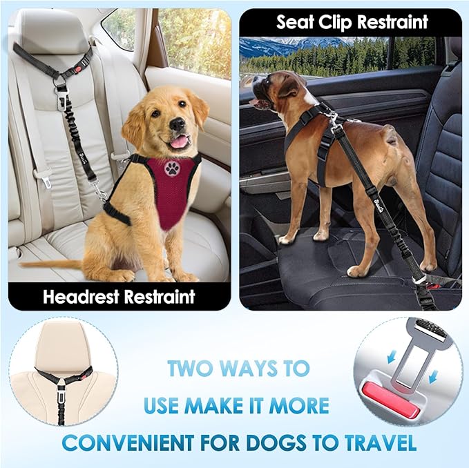 Lukovee Dog Seatbelt Leash for Cars, 2 Pack Pet Safety Car Seat Belt with Adjustable Buckle & Reflective Bungee, Connect Dog Harness in Vehicle Car Dogs Restraint Travel Daily Use (Black)