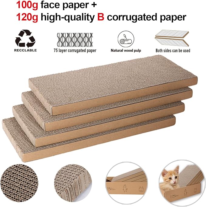 4 Packs in 1 Cat Scratch Pad with Box, Cat Scratcher Cardboard,Reversible,Durable Recyclable Cardboard, Suitable for Cats to Rest, Grind Claws and Play with Scratch Box