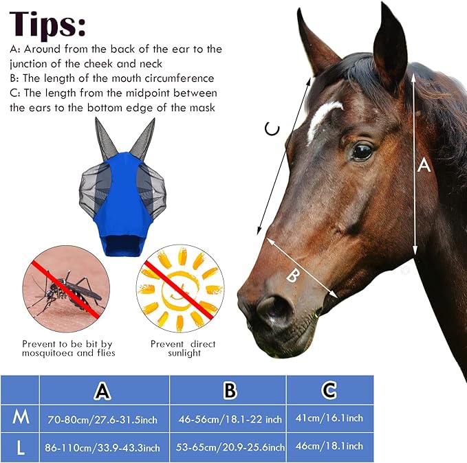 Frienda 4 Pcs Horse Fly Masks with Ears Head Fly Masks for Horses Smooth Elastic UV Protection Cover from Summer Insect Pests(Large,Purple, Blue, Pink, Black)