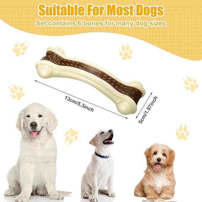 Sosation 6 Pcs Dog Toys for Aggressive Chewers Nylon Beef Flavor Bones Tough Puppy Teething Toys Puppy Chew Bones for Large Medium Small Breed Dogs Puppies Pets Chew Toys(Medium)