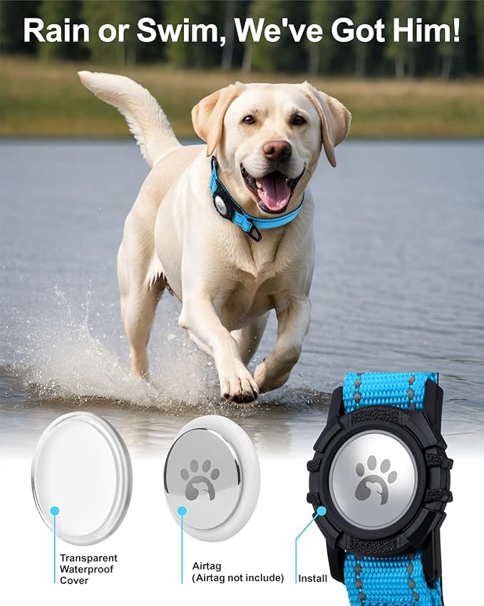 TagME Airtag Dog Collar,Waterproof Reflective Pet Collar with Airtag Holder,Soft Padded and Double D-Rings for Extra Large Dogs,Light Blue