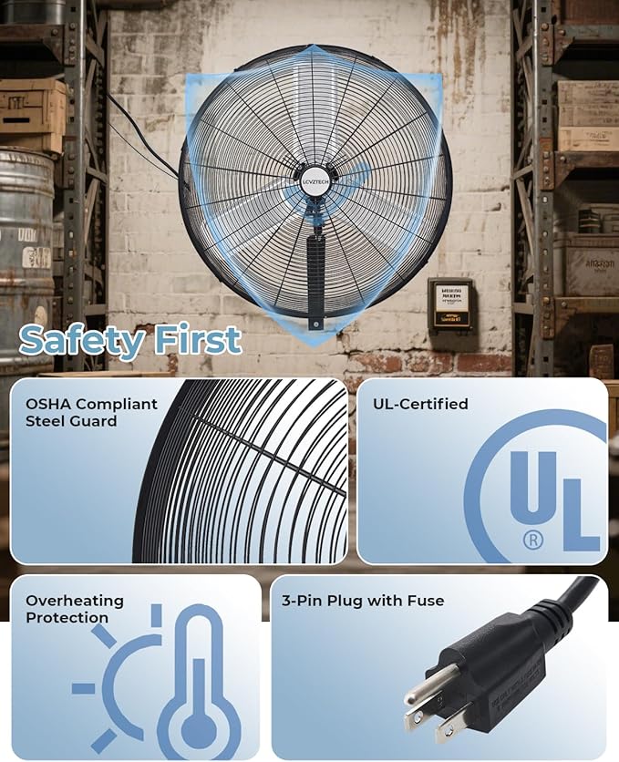 30 inch Wall Mount Fan Oscillating, 3-Speed 8850 CFM High Velocity Industrial Wall Mounted Fan, Heavy Duty Air Circulator for Garage, Shop, Gym, Workshop, Covered Patio - UL Listed
