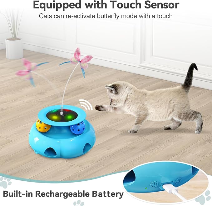 3in1 Interactive Cat Toys for Indoor Cats Rechargeable,Whack a Mole Cat Toy, Fluttering Butterfly, Track Balls, Automatic Kitten Toys Touch Activated, 2 Refill Feather