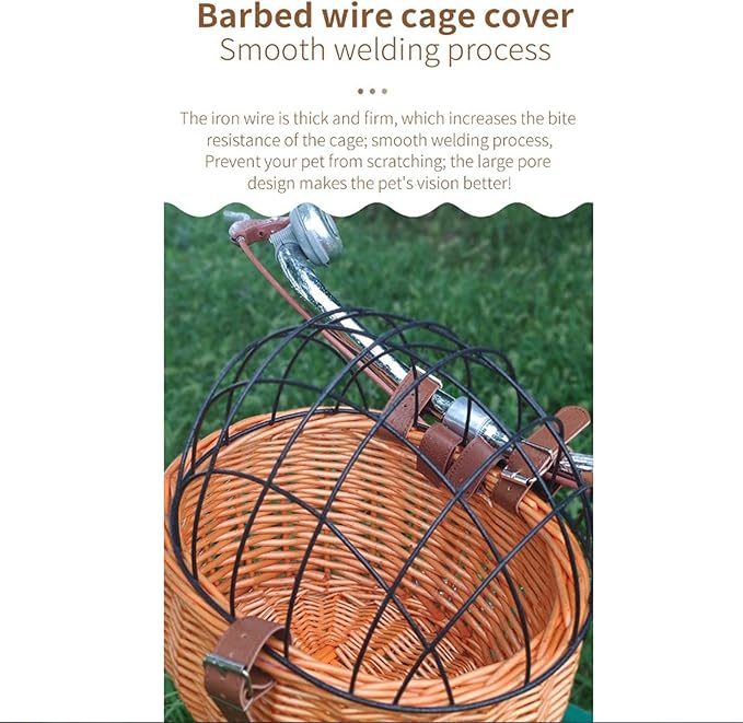 Bike Pet Basket, Wicker Bike Basket for Small Dogs Cats Pet Carrier Front Basket with Wire Mesh Cover and Lid, Wicker Basket for Dogs and Cats, Rattan Storage Basket, 11.81 * 9.84 inch (A)