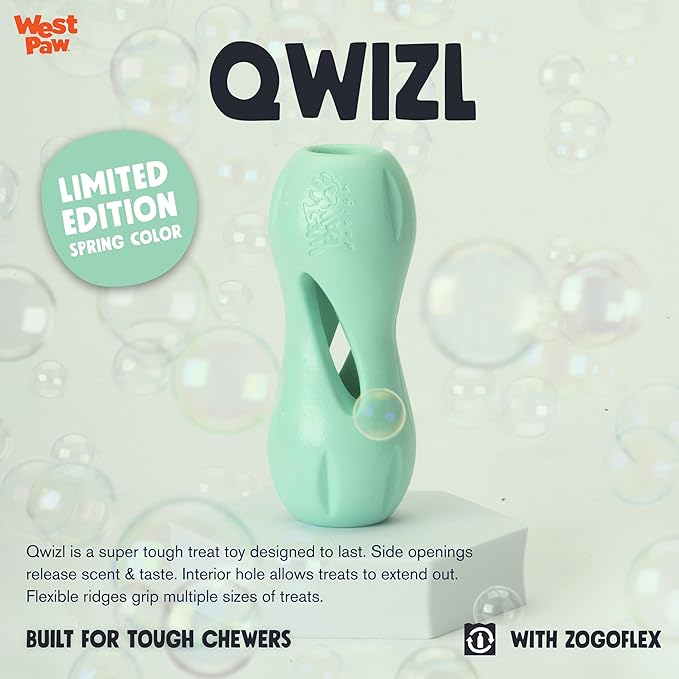 WEST PAW Zogoflex Qwizl Dog Puzzle Treat Toy – Interactive Chewing for Dogs – Dispenses Pet Treats – Brightly-Colored Dog Enrichment Toy for Aggressive Chewers, Fetch, Catch, Large 6.5", Mint