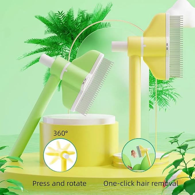 360° Press and Rotate Flea Comb for Cats and Dogs - Self-Cleaning Pet Hair Removal Tool with Release Button & Long-Short Stainless Steel Teeth for Shedding (Green)