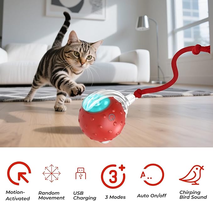 2-Pack Interactive Cat Toys Ball - 2025 New Gen with 360° Auto-Rotation Smart Obstacle Avoidance,Includes 4 Cat Spiral Spring＆1 Furry Cat Toy Mice,Ideal Kitten Toys for Bored Indoor Cats(Orange＆Blue)