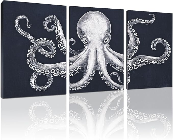Octopus Wall Decor, Octopus Canvas Wall Art, Ocean Wall Decor,Sea Animal Canvas to Paint for Bathroom, Living Room, Bedroom (24" x 36" x 3 pcs)