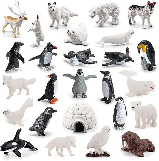26Pcs Arctic Animal Figures - Polar Animal Toys Figurines with Penguins Arctic Fox Wolf Polar Bear Reindeer - Miniature Toys Cake Topper Christmas Birthday Gift for Kids & Toddlers