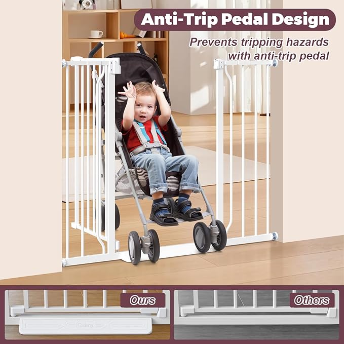 34" Extra Tall Baby Gate for Stairs, Auto Close Stroller Friendly Dog Gate Indoor for Doorways, Pressure Mounted 29"-45" W Baby Gate, Easy Walk Through Gate for Children & Pets, White