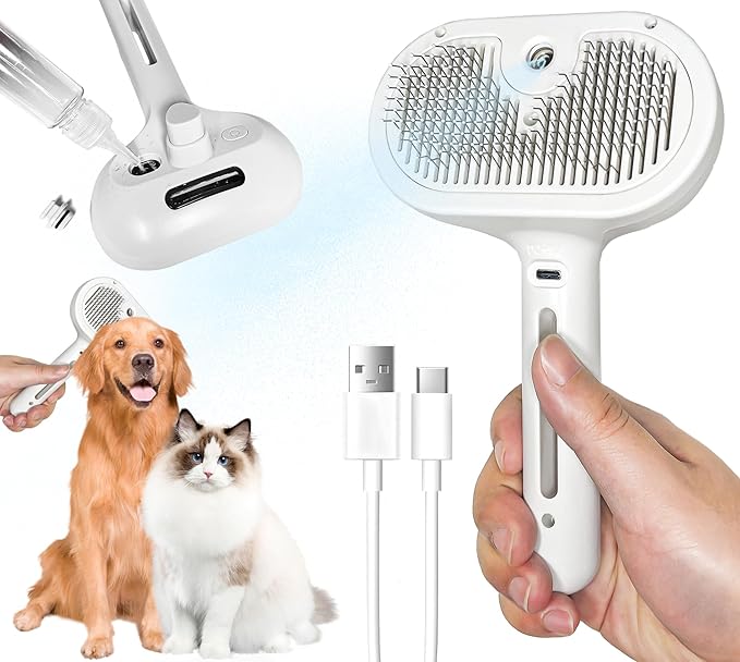Cat Steam Brush, 3 in 1 Cat Brush for Shedding & Grooming, Water Brush for Cats Dogs, Pet Hair Removal Comb for Long Short Haired Small Animal, Self Cleaning Slicker Brush with Release Button