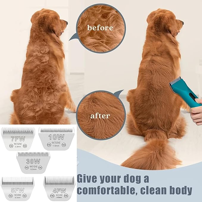 5PCS Wide Blades for Dog Grooming Blades Compatible with Andis Dog Clipper,Dog Clipper Blades for Oster A5,Wahl km10 Dog Clippers Stainless Steel for Animal Dog,Cat,Horse,Size:#10W+30W+4FW+5FW+7FW
