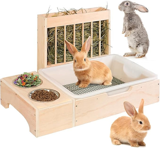 3 in 1 Extra Large Rabbit Hay Feeder with Litter Box, Wooden Bunny Toilet, for Large and Medium-Sized Dwarf Rabbit, Guinea Pig, Chinchillas, Hamster, Ferret, Other Animals