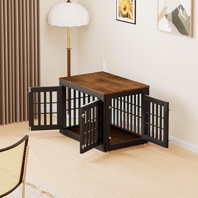 38" Heavy Duty Dog Crate Furniture for Small,Medium and Large Dogs,Rustic Wooden Dog Cage Kennel Indoor Furniture with Waterproof Top,Decorative Pet House Side End Table (Black & Wood)
